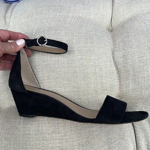 Ann Taylor Black Suede Low Wedge Black Open Toe Ankle Strap Sandals, Size 8